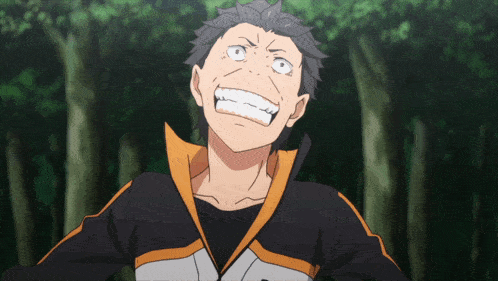 a man in a black and orange jacket is making a face