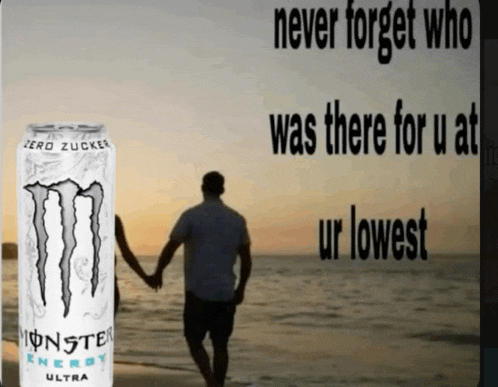 a man and woman holding hands in front of a can of monster energy drink