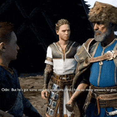 a video game scene with a man saying " but he 's got some very big questions and i have so many answers to answer "