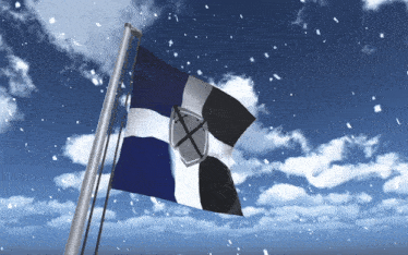 a blue white and black flag with a shield on it