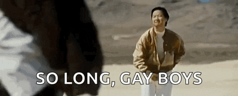 a man in a brown jacket is standing in the desert with the words `` so long , gay boys '' .