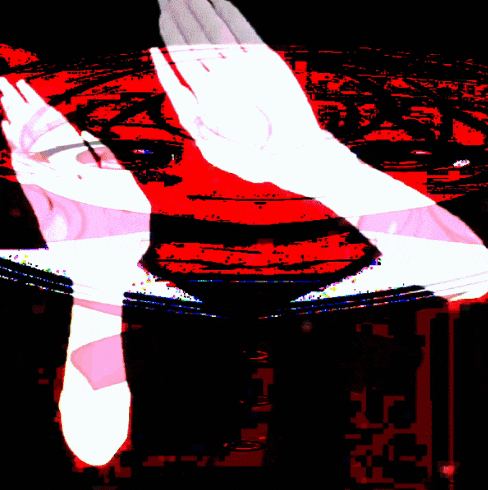 a blurry image of a person 's feet in a red and black circle