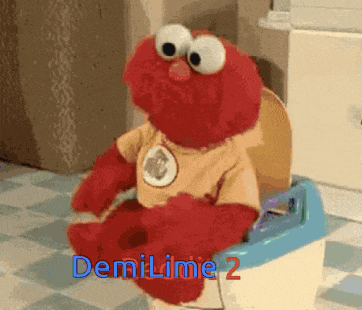 elmo from sesame street is sitting on a potty with demilime 2 written on the bottom