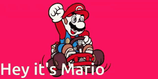 a cartoon drawing of mario driving a kart with the words hey it 's mario below him