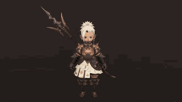 a little girl in armor holds a large spear