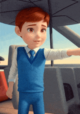 a cartoon boy wearing a blue vest and tie stands under an umbrella