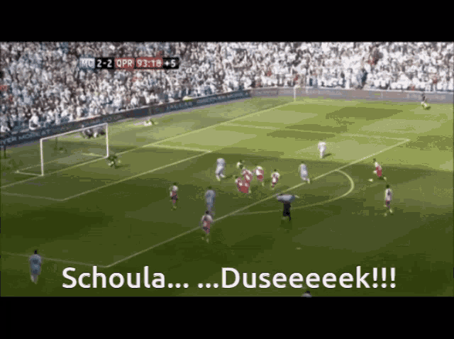 a soccer game is being played on a field with the words schoula duseeeek