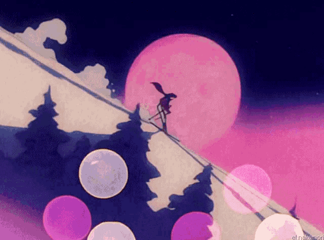 a drawing of a person skiing down a slope with a pink moon behind them