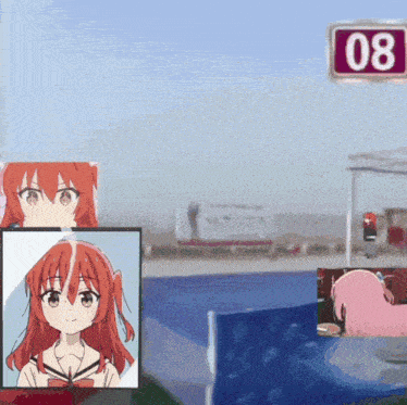 a sign that says 08 is above a collage of anime characters