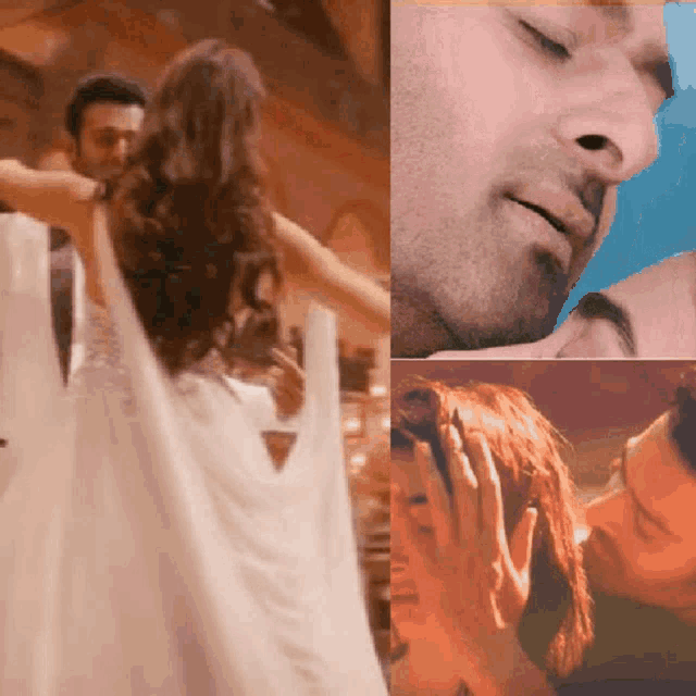 a woman in a white dress is dancing next to a man in a white suit