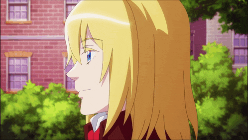 a cartoon character with blonde hair and blue eyes stands in front of a brick building