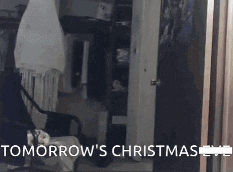 a room with a chair and a door that says tomorrow 's christmas eve on it