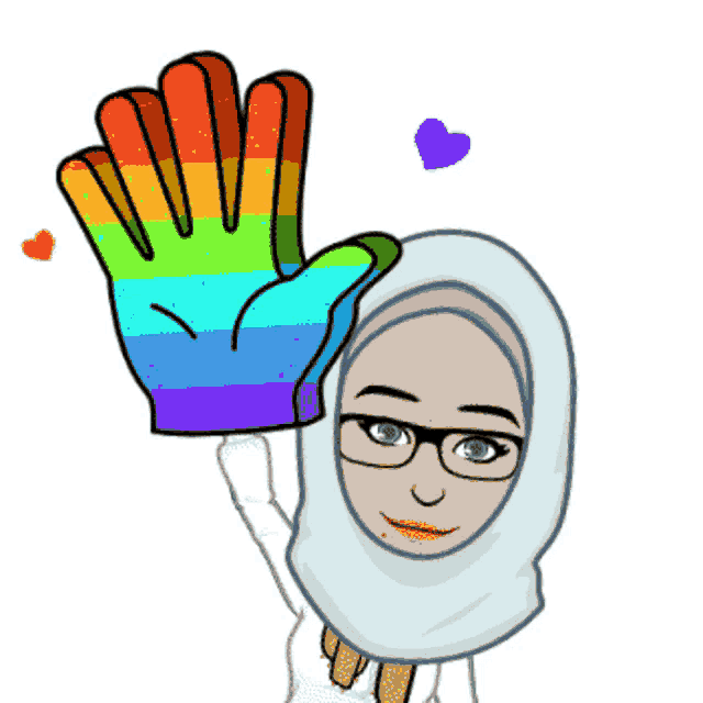 a cartoon of a woman wearing a hijab and glasses holding up a rainbow colored hand