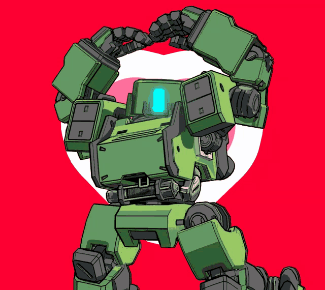a drawing of a green robot with a heart in the background