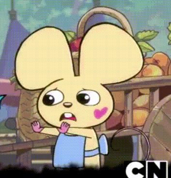 a cartoon mouse is wearing an apron and has a pink heart on his chest .