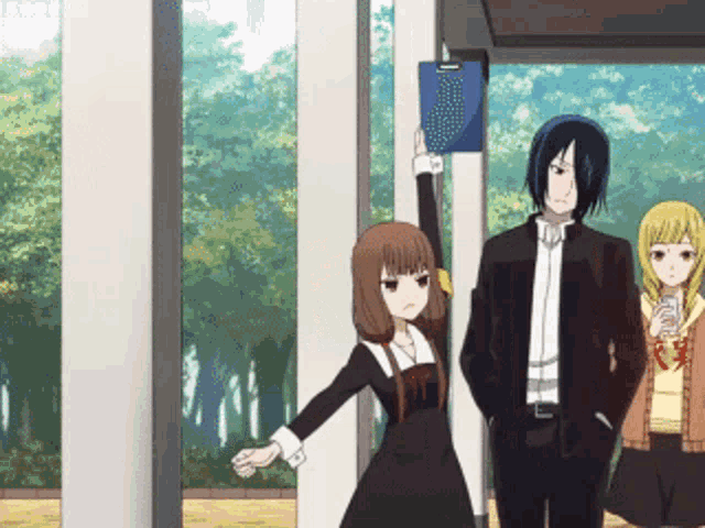 a group of anime characters standing in a room