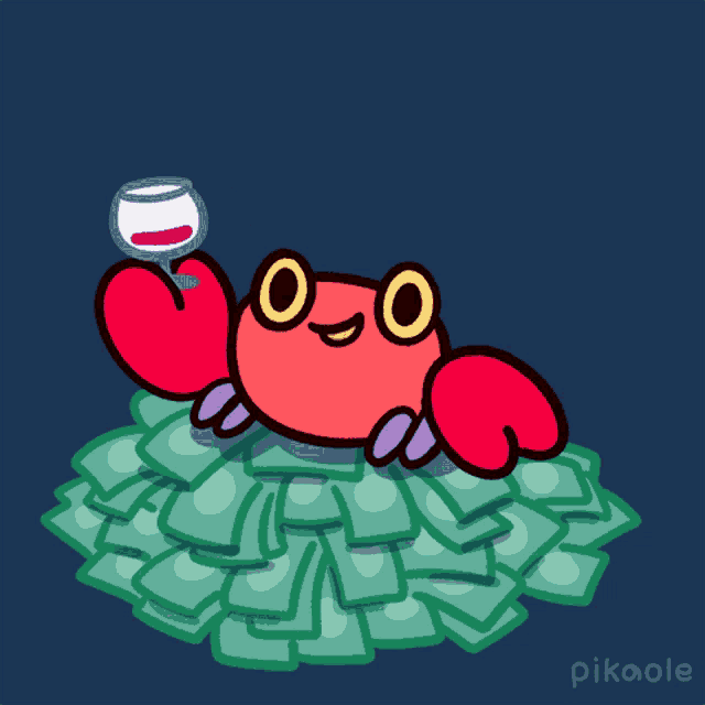 a crab is sitting on a pile of money with a glass of wine in its hand