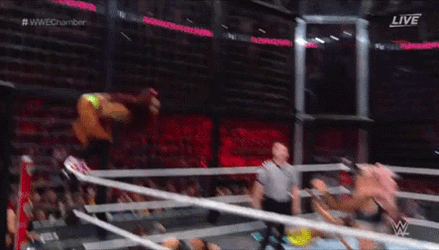 a wrestling match is being broadcast live on the wwe chamber