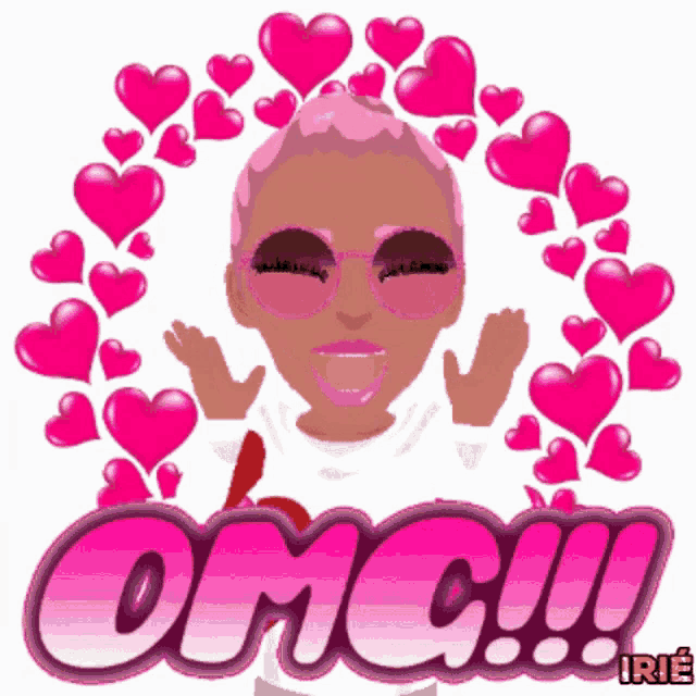 a cartoon of a woman with pink hair surrounded by pink hearts and the words omg !!!