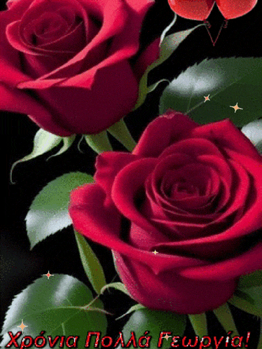 a greeting card with two red roses and the words xponia polaa fewpyia
