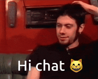 a man is scratching his head and the words hi chat are on the screen
