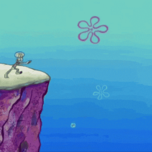 squidward from spongebob squarepants is standing on a cliff in the ocean