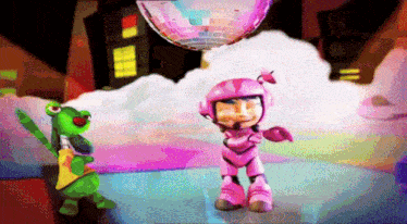 a cartoon character in a pink suit is dancing with a green character