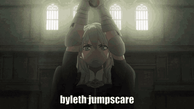a picture of a girl with the words byleth jumpscare written on it