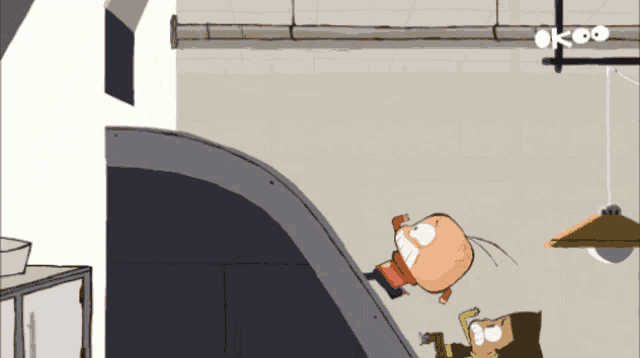 a cartoon character is flying through the air with the word ok on the bottom left