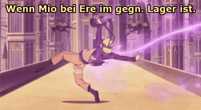 a cartoon of a man doing a handstand with the words " wenn mio bei ere im gegen lager ist " above him