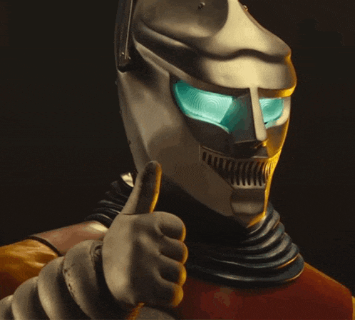 a robot giving a thumbs up with a green light in his eyes