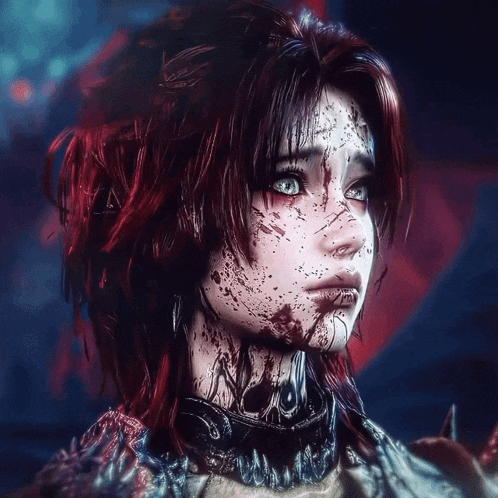 a woman with blood on her face has a choker on her neck