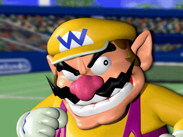 a close up of a cartoon character with a w on his hat