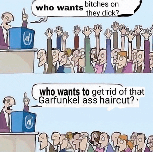 a cartoon of a man giving a speech to a crowd of people who are raising their hands .