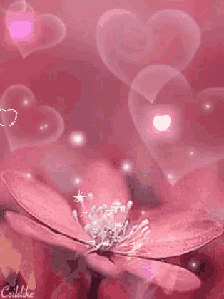 a pink flower is surrounded by pink hearts and sparkles .