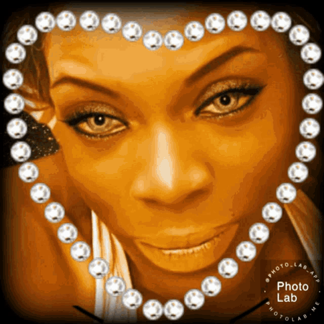 a woman wearing a heart shaped necklace of pearls from the photo lab app