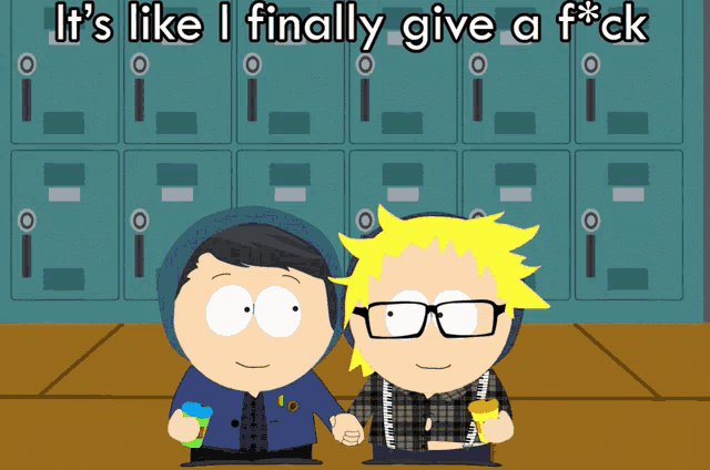 two cartoon characters are standing next to each other with the words it 's like i finally give a f * ck above them