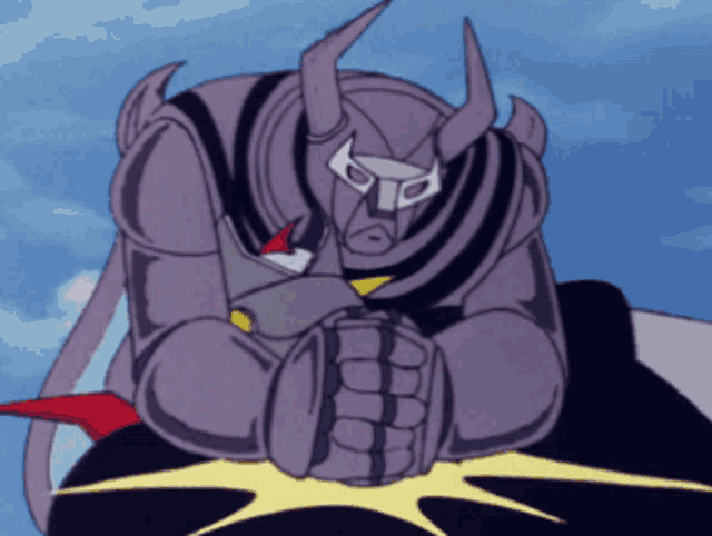 a purple robot with horns is sitting on a yellow star