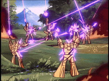 a cartoon of a group of robots with purple lasers coming out of their hands
