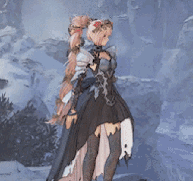 a video game character is standing in the snow wearing a black dress