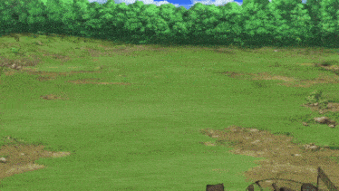 three tanks are driving through a grassy field