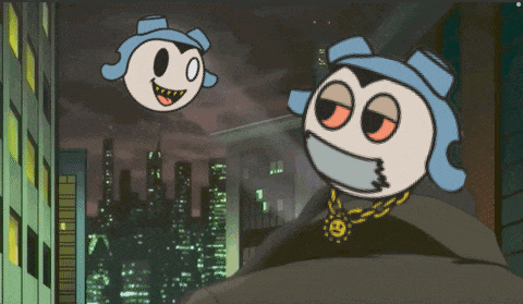 a cartoon character with a chain around his neck is standing in front of a city skyline