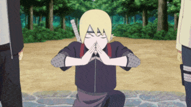 a cartoon character is kneeling down with his hands folded