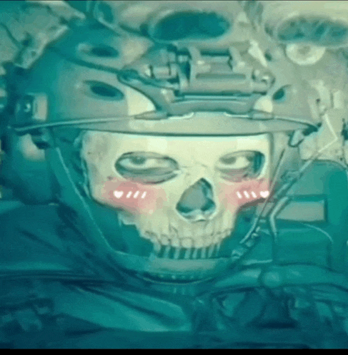 a drawing of a skull wearing a helmet with pink cheeks