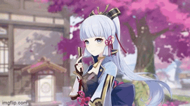 a girl with long white hair is standing in front of a cherry blossom tree holding a sword .