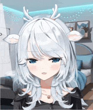 a girl with white hair and antlers has the letter c on the wall behind her