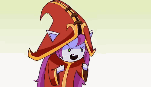 a cartoon character with long purple hair and a red and yellow hat .