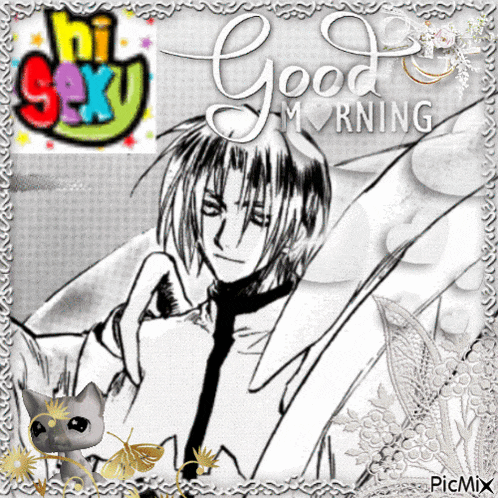 a black and white drawing of a man with the words good morning on the bottom