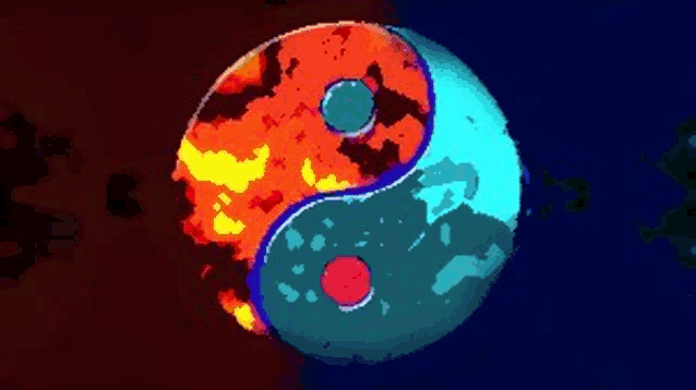 a colorful yin yang symbol with fire and water inside of it