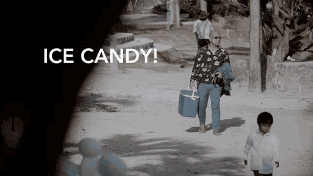 a man carrying a blue cooler walks down a sandy path with the words ice candy written above him